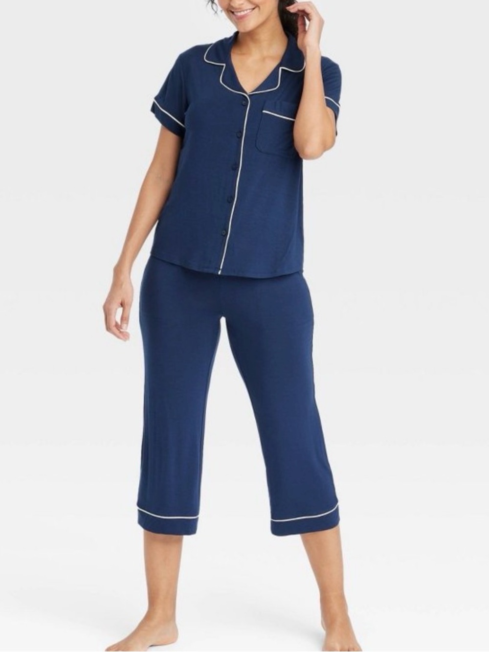 Auden Women's Cloud Knit Modal Short Sleeve Notch Collar Top & Pants PJ Set nwt